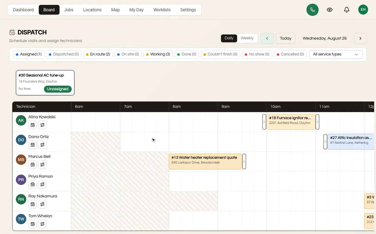 Dispatch board in a demo workspace: a daily schedule of example jobs assigned to example technicians.